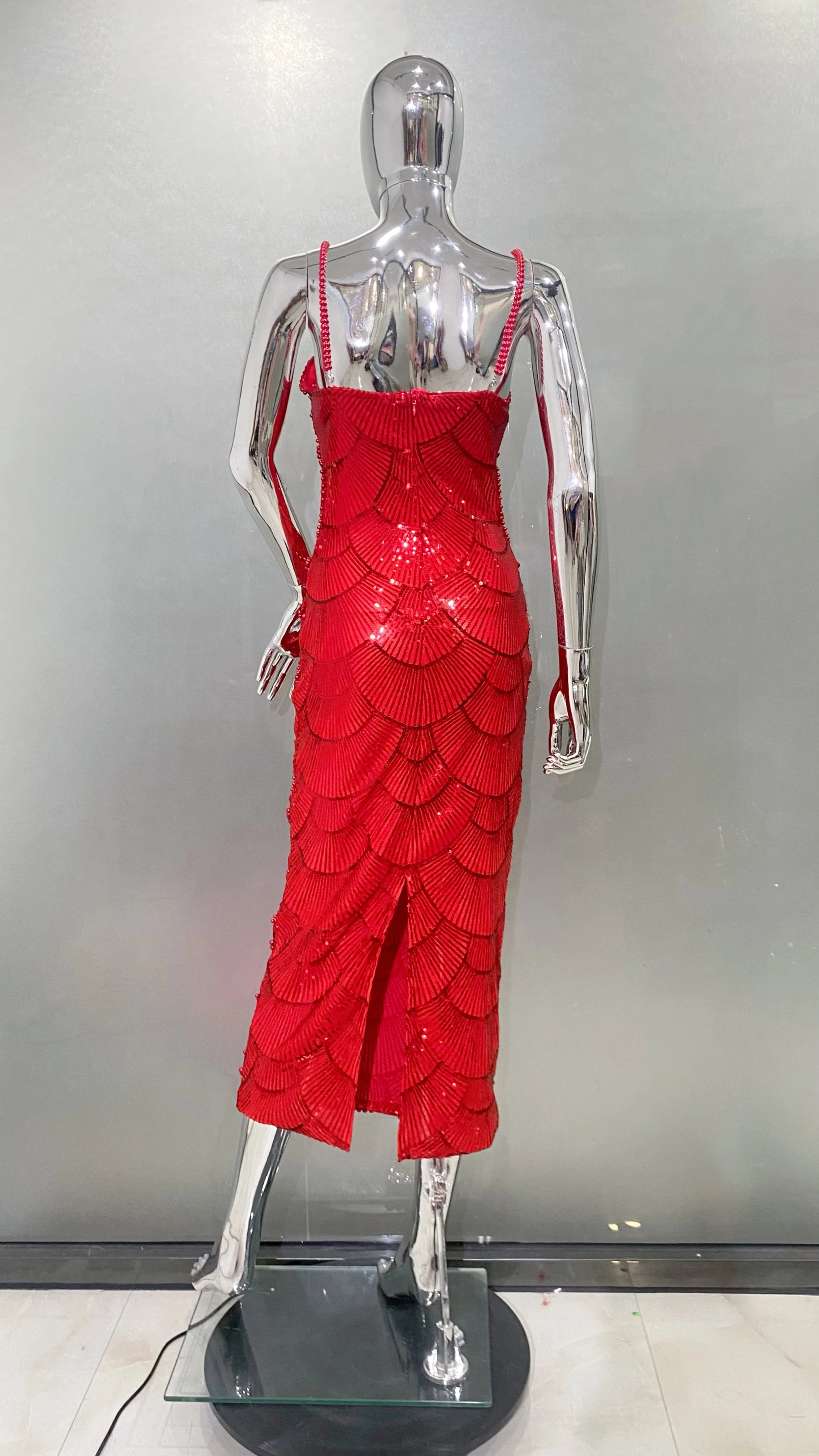 Red Color Women Sexy Strap Shinning Beading Sequins Bodycon Long Dress Celebrate Evening Party Cocktail Dress Wholesale