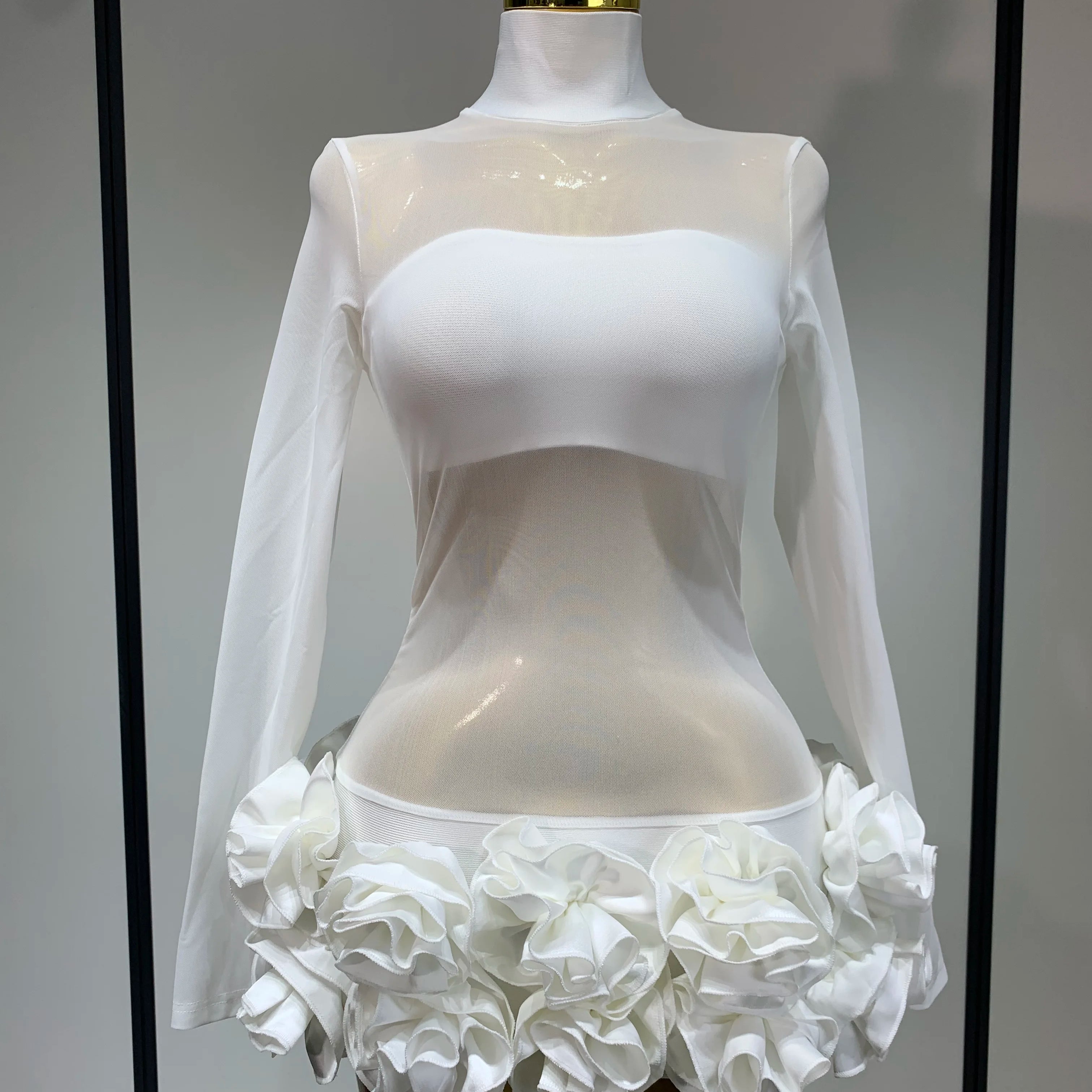Women Sexy Mesh See through Stereoscopic Flowers White Red Mini Bandage Dress Birthday Evening Party Club Singer Perform Costume