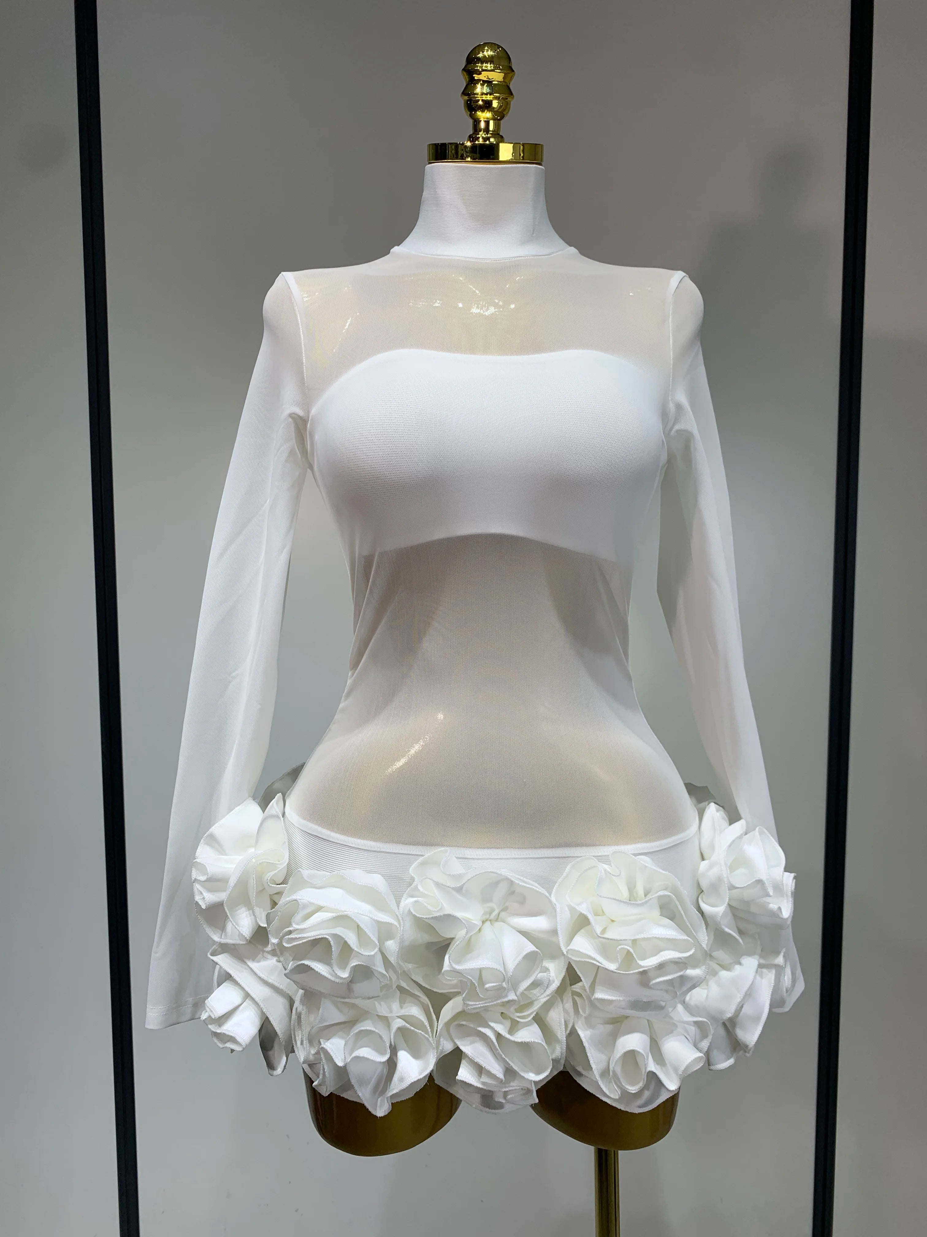 Women Sexy Mesh See through Stereoscopic Flowers White Red Mini Bandage Dress Birthday Evening Party Club Singer Perform Costume