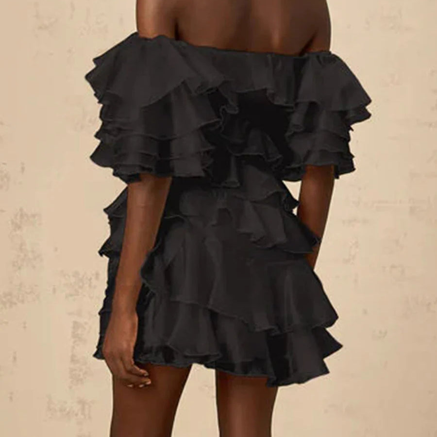 Solid Slimming Spliced 3D Flowers Mini Dresses for Women Slash Neck Off Shoulder Patchwork Ruffles Dress Female New