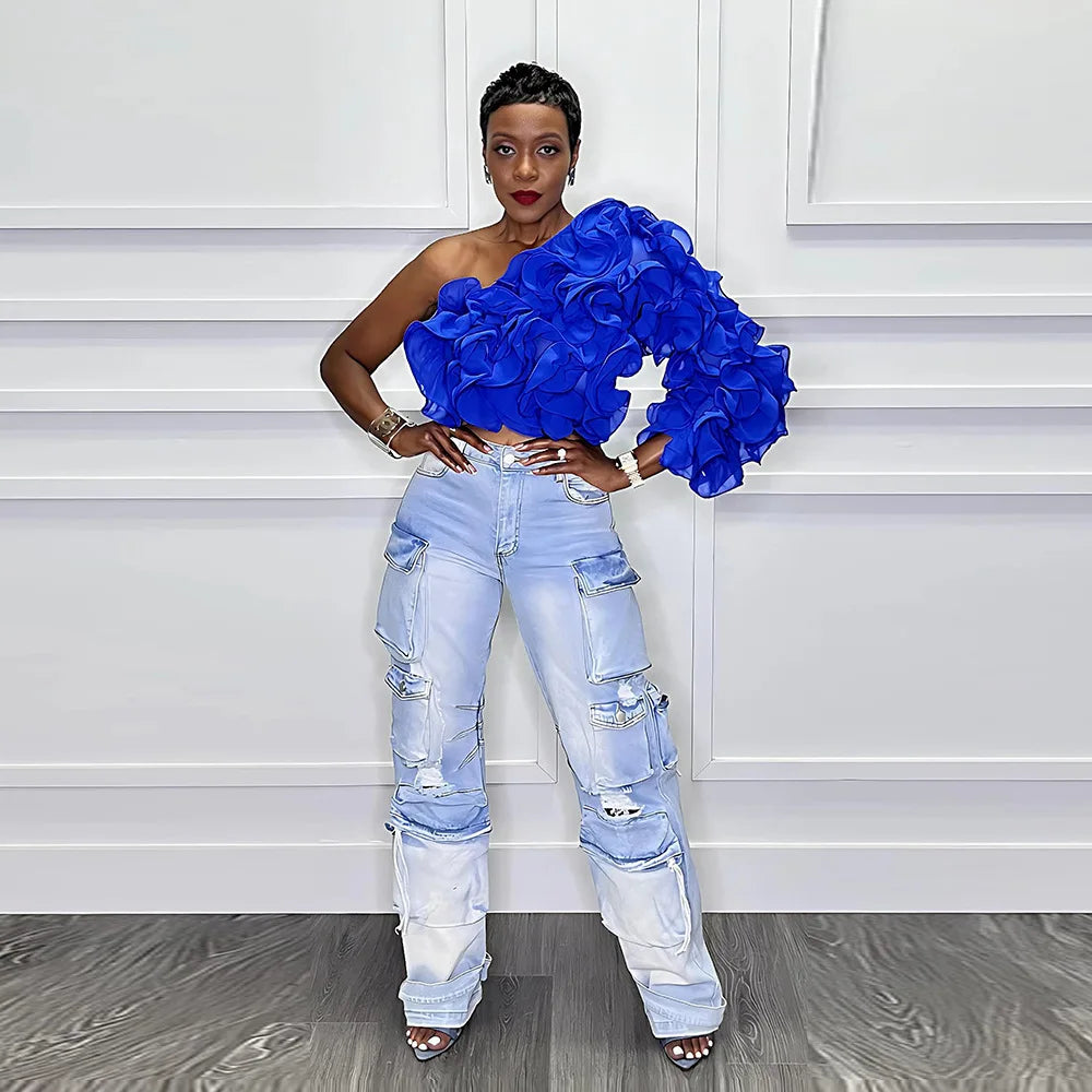 CM.YAYA Women Ruffles One Sleeve Skew Collar Tunic Blouse and Shirt Tops 2024 Summer Streetwear Night Club Party Beach Tops