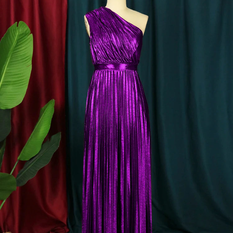 Elegant Women Even Dresses Luxury Maxi Long Metallic Pleated Dress One Shoulder Sleeveless Premium Shiny Shimmer Gowns Big Size