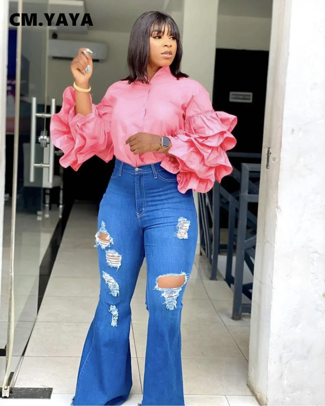 CM.YAYA Women Shirts Solid Full Ruffles Sleeve Turn-down Collar Single Breasted Loose Shirts Office Lady Streetwear Summer Tops