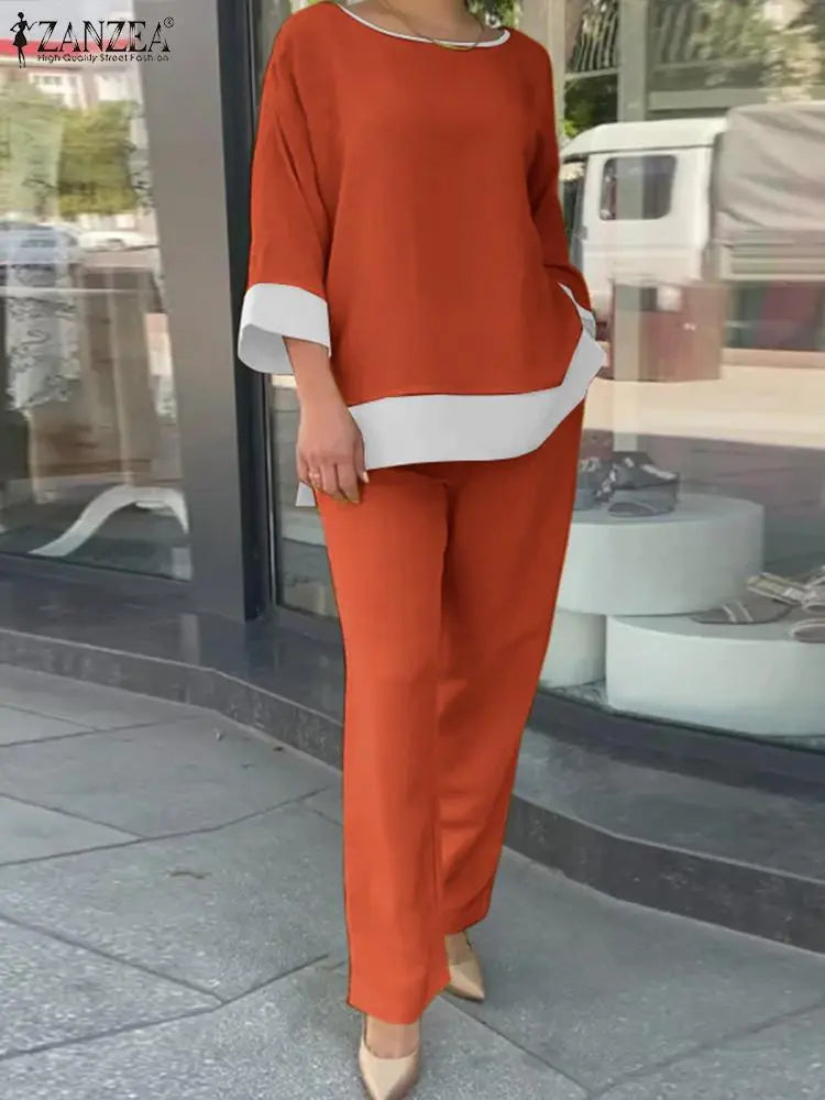 Fashion Women Casual Elegant Pants Sets Spring Summer Loose Outfits Oversized Lady Holiday Solid Patchwork Tracksuit Orange