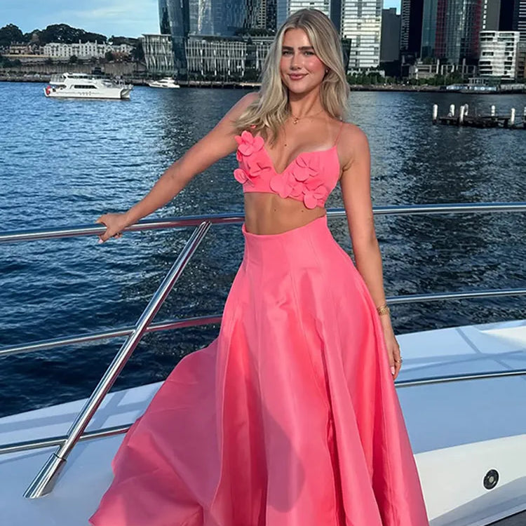 2025 Women Chic 3d Pink Flower Applique Cropped Tops Set Fashion High Waist Long Skirts 2 Piece Suit Sexy Vocation Beach Outfits