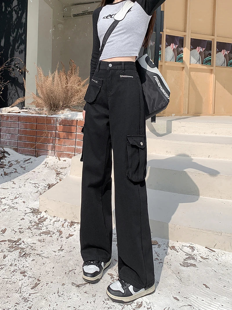 Autumn Winter New Cargo Jeans Woman American High Street Straight Tube Pants for Women Fashion Versatile Ladies Baggy Jeans Y2k