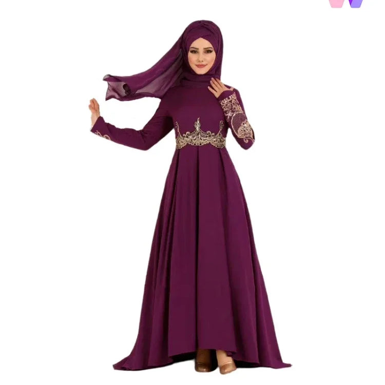 Neu in Frauen Kleidung Kein Schal Elegant muslimischer Islam Abaya gestickt Elastic Falbala High Taille Slim Party Robe Swing Robe Kleider