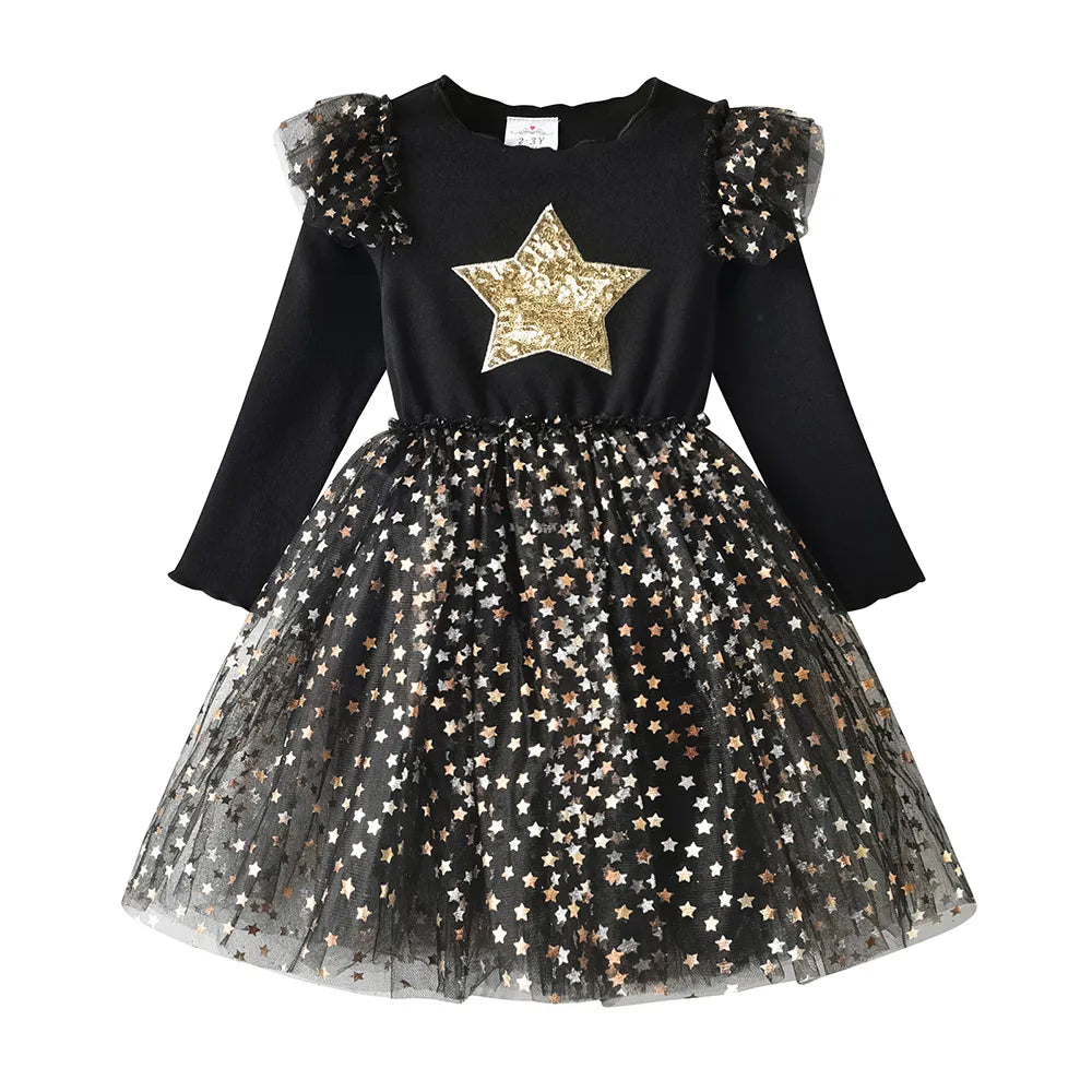 Girls Long Sleeves Dress Star Sequins Party Princess Dress Children Casual Clothing Daily Clothes Infantil Vestidos Gift LH2205
