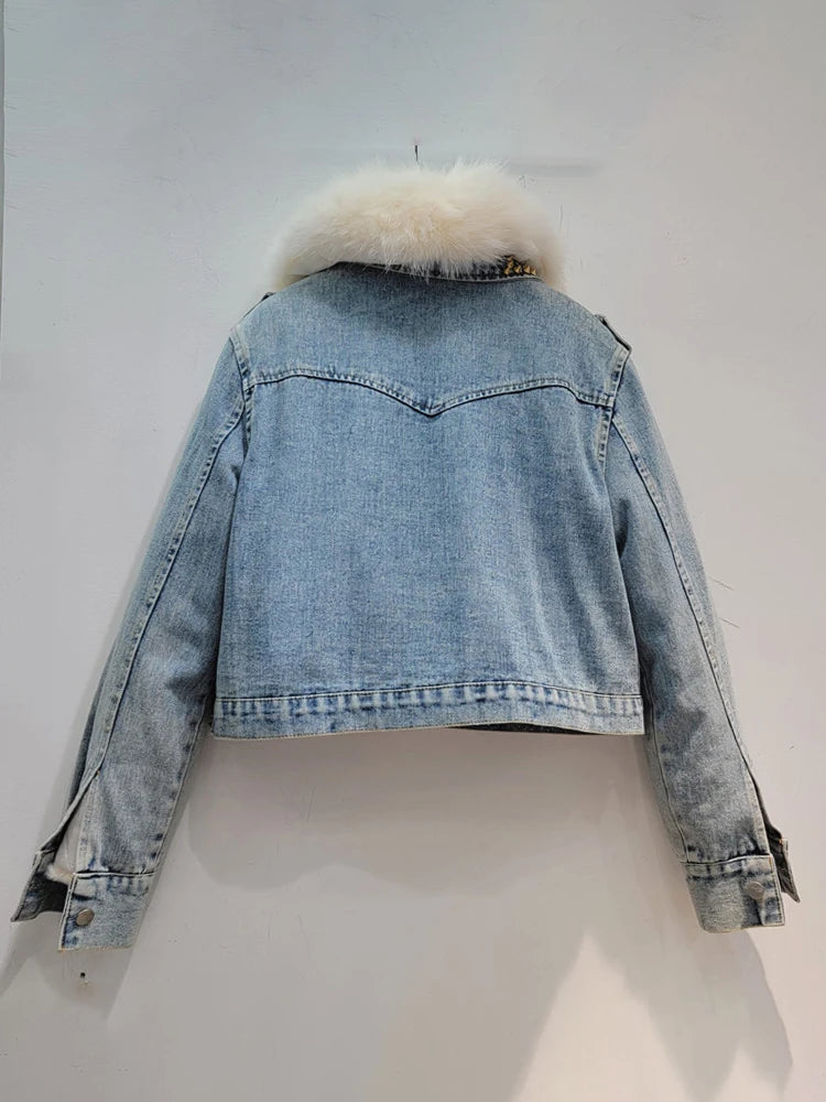 Women's Denim Coat Fox Collar Heart Beading Embroidered Flares Rivet Plush Thick Jackets Winter New Fashion