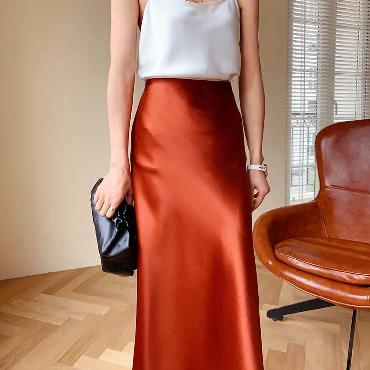 Silk Satin Skirts for Women Korean Style Champagne Office High Waist A-line Skirt Fashion Elegant Solid Long Pencil Skirt 2024 Red