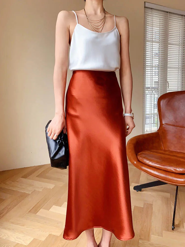 Silk Satin Skirts for Women Korean Style Champagne Office High Waist A-line Skirt Fashion Elegant Solid Long Pencil Skirt 2024 Red