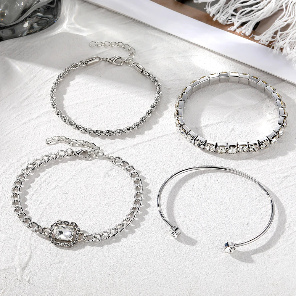4 Piece Set Luxurious Bracelets for Women Crystal Shiny Adjustable Opening Chain Bracelets Punk Bangle Fashion Jewelry