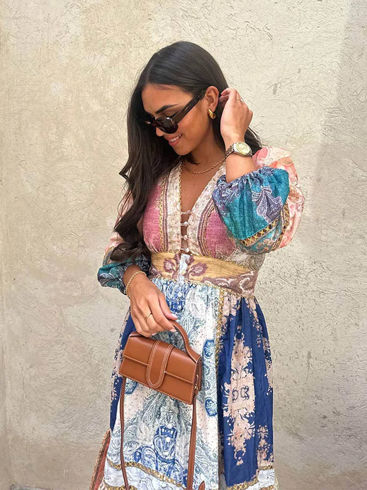 Vintage Women's Patchwork Printed Hollow Out Maxi Dress Fashion V Neck Long Sleeved Loose Dresses New Spring Female Street Robes