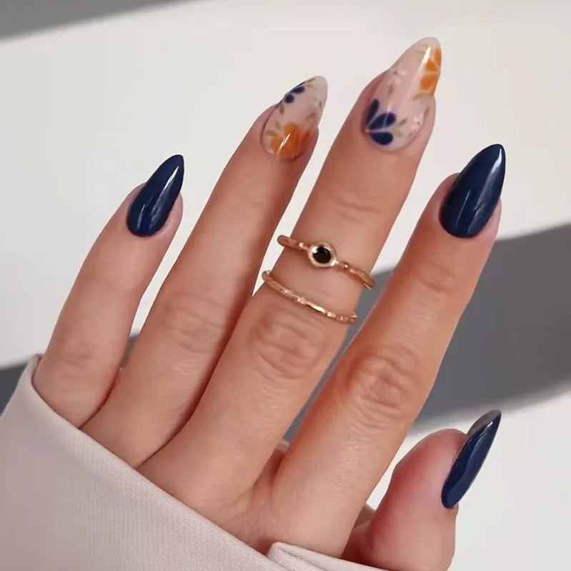 24Pcs Green Cat's Eye Design Press on False Nails with Flower Pattern Short Almond Round Head Nails Set Tips Wearable Fake Nail