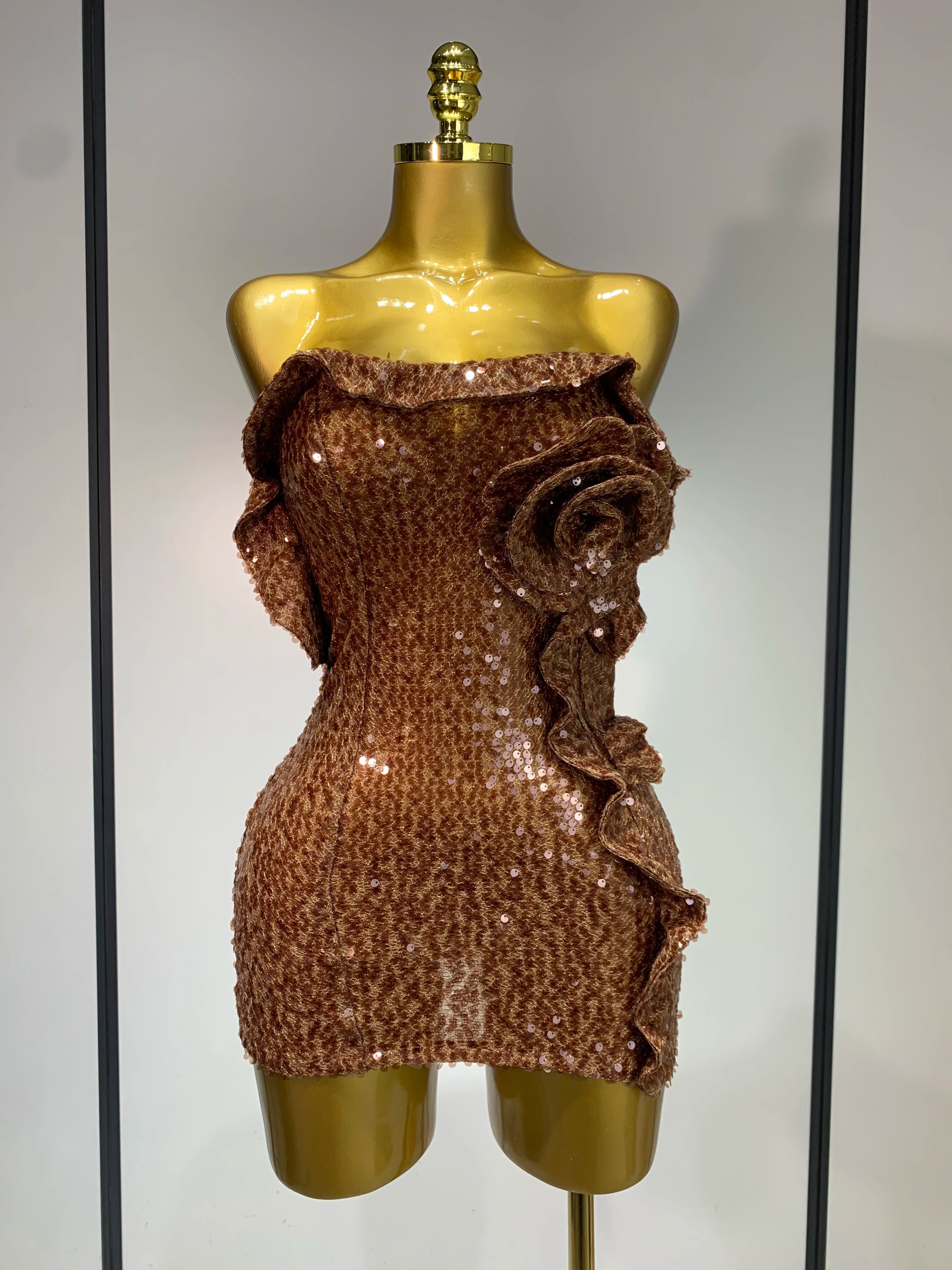 Women Sexy Strapless Backless Brown Sequins Mini Dress 2025 Celebrity Elegant Evening Party Club Luxury Birthday Guest Gown