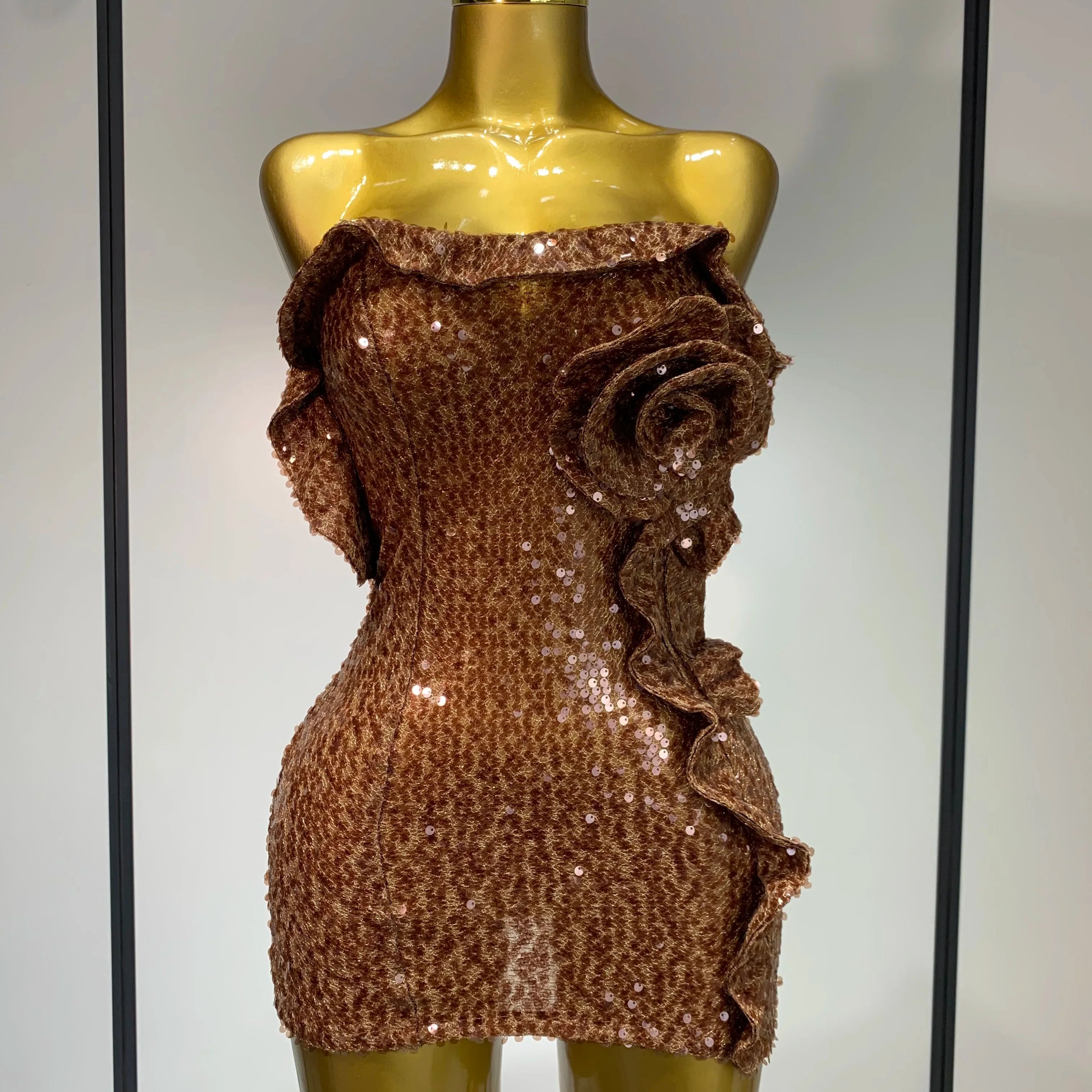 Women Sexy Strapless Backless Brown Sequins Mini Dress  Celebrity Elegant Evening Party Club Luxury Birthday Guest Gown