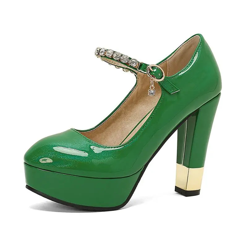 SIMLOVEYO Patent Leather Women Pumps Round Toe High Heels 11.5cm Platform Buckle Strap Size 49 50 Sexy Party Shoes