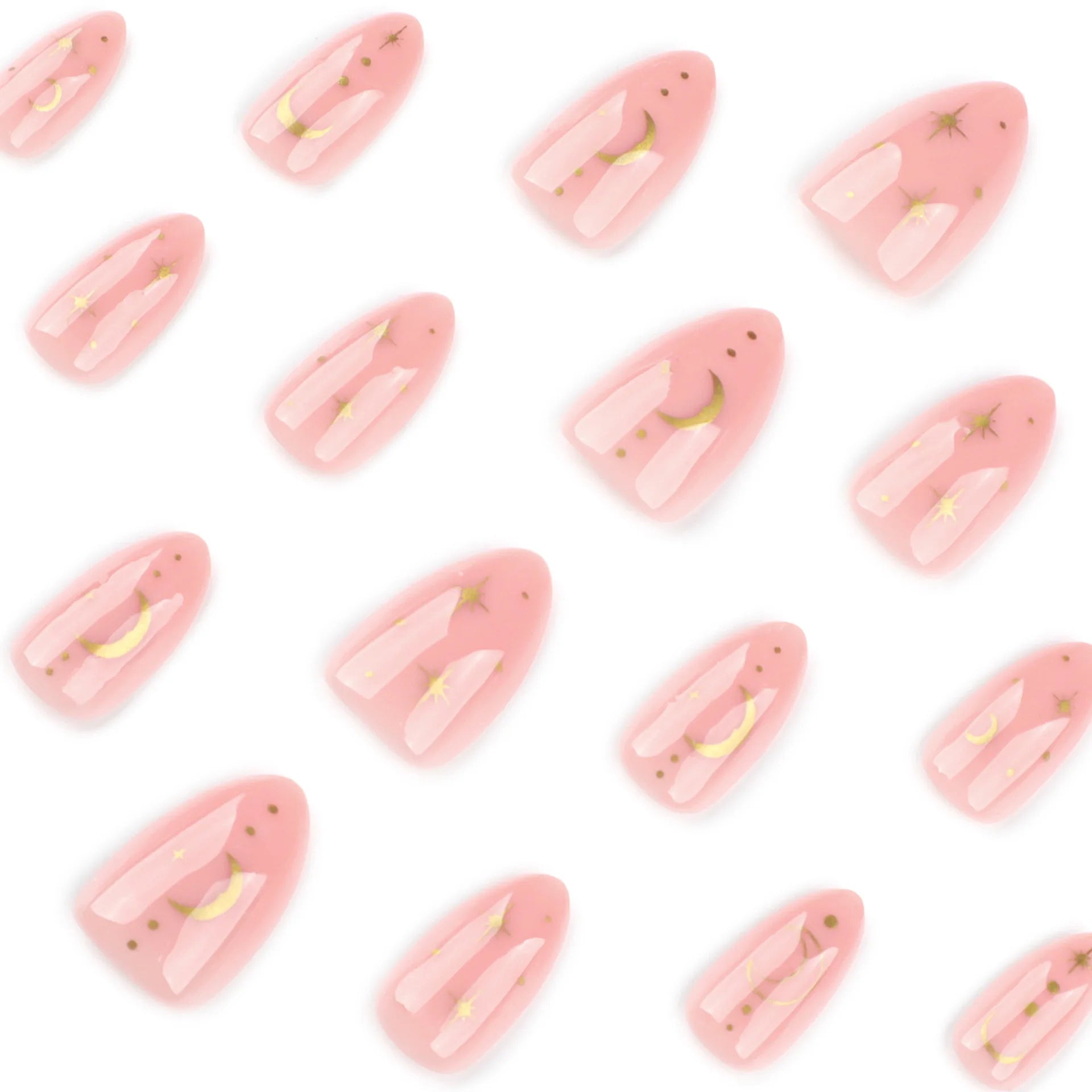 24pcs Star Moon Print False Nails Sweet Pink Short Almond Fake Nails Tips Wearable Detachable Simple Nude Color Press on Nails