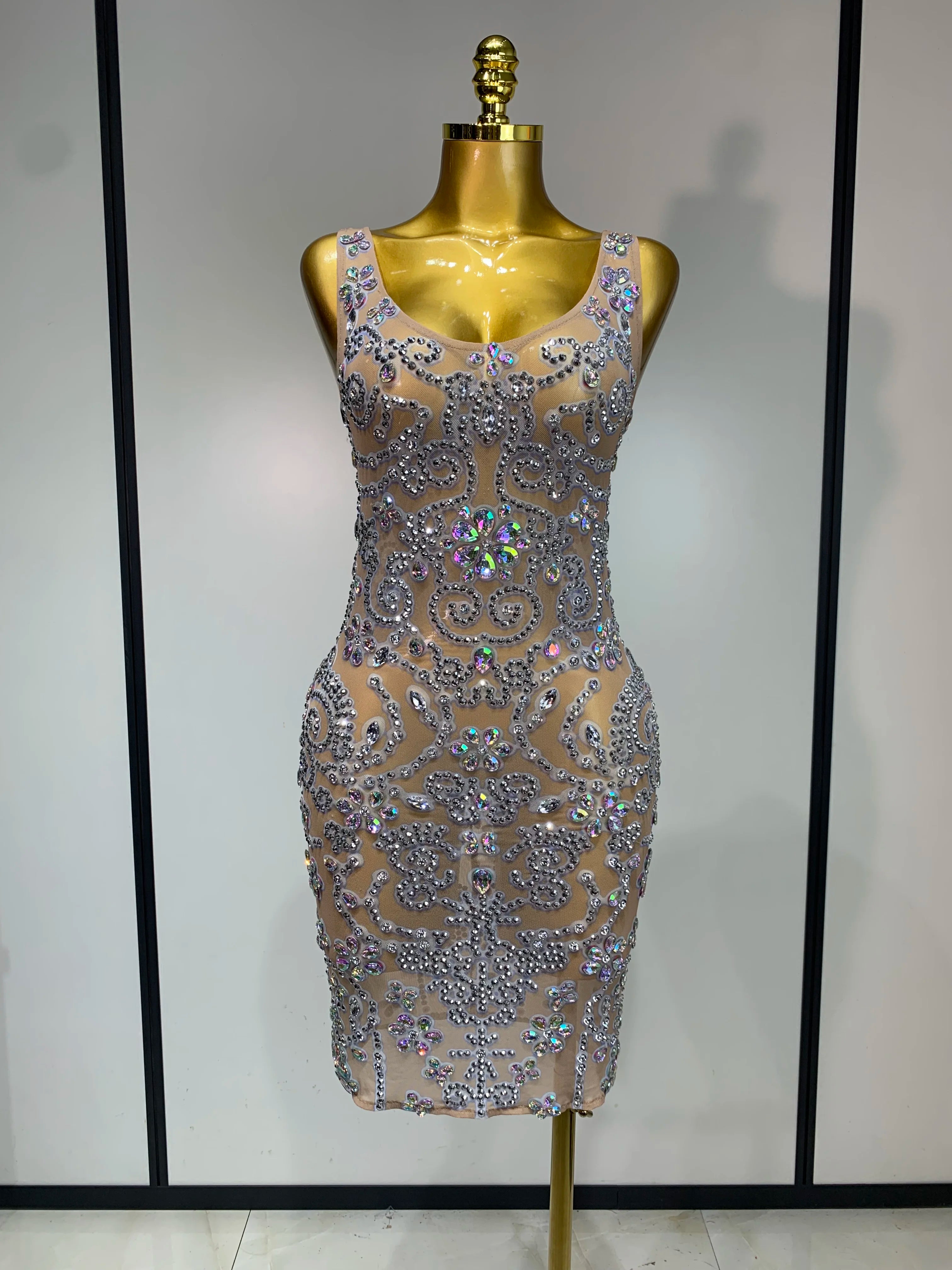 Celebrity Elegant Party Sparkly Rhinestones Transparent Mesh Short Dress Luxury Birthday Nightclub Outfit Perform Stage Costume