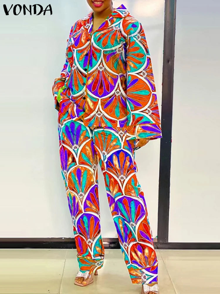 Plus Size 5XL VONDA Women Vintage Printing Long Sleeve Tops Wide Leg Pant Sets Outfits 2025 Casual Loose Bohemian 2 Piece Suits