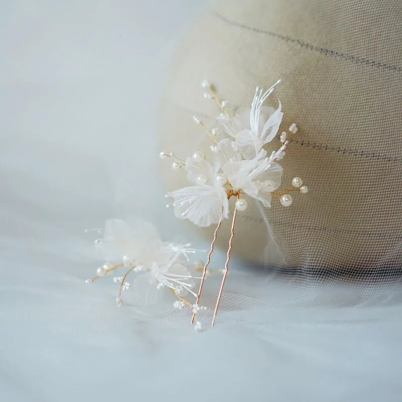 Fabric Floral Bridal Hair Pins Clips Gold Color Pearls Wedding Hair Pieces Women Accessories Handmade