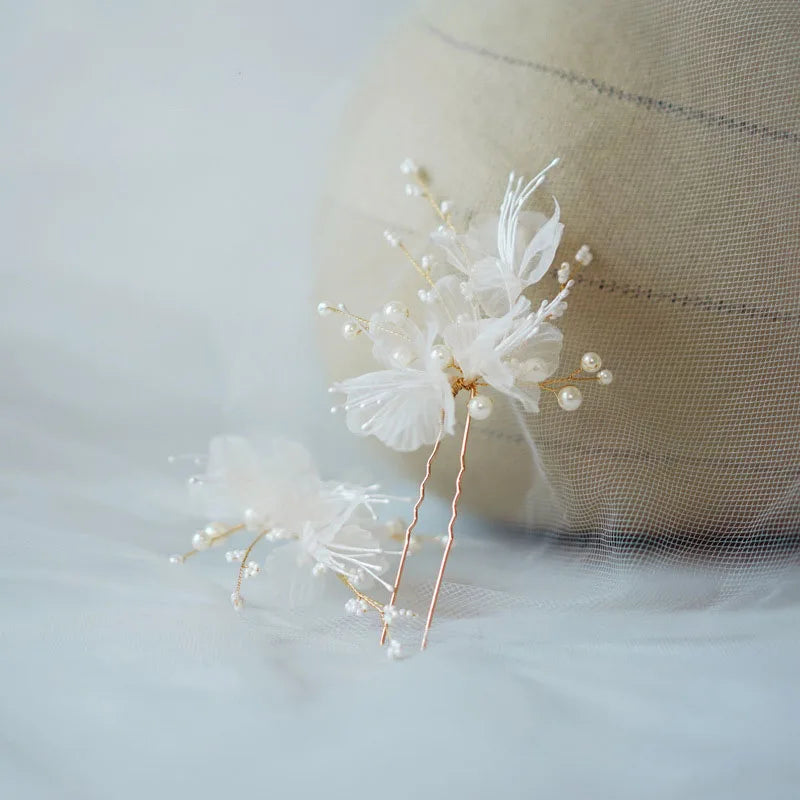 Fabric Floral Bridal Hair Pins Clips Gold Color Pearls Wedding Hair Pieces Women Accessories Handmade