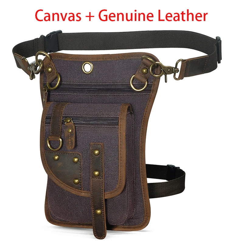 Leather Multipurpose Men Travel Mochila Crossbody Messenger Bag Hook Belt Waist Pack Drop Leg Phone Case Bag canvas-coffee