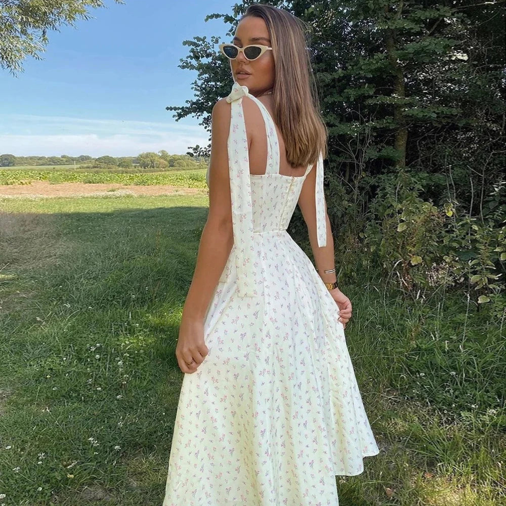 Summer Floral Long Dress Women Fashion Sleeveless Off Shoulder White Slim Slip Maxi Dresses Elegant Sundress Vestido Casual