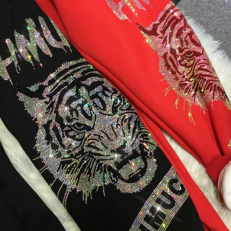 4XL Plus Size Luxury Brand Thick Rhinestone Tiger Pant Women Autumn 150 KG Casual Large Size Trousers Ladies Streetwear Winter
