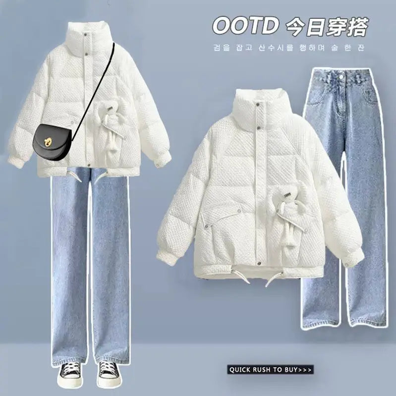 Korean Style Loose and Thickened Cotton Jacket Price Casual Wide Leg Pants Two-piece Elegant Women's Pants Set Winter Outfits white set 02