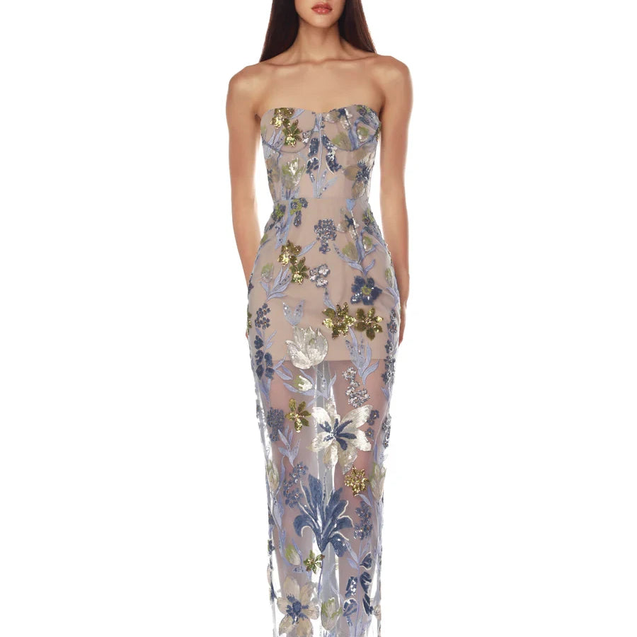 Sequin Flower Embroidery Sexy Mesh See Through Strapless Ankle Length Dress Woman Evening Party Dress Celebrity Cocktail Vestido