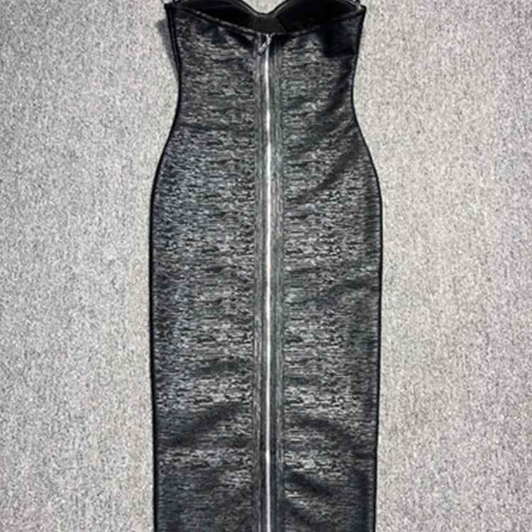 Women Celebrity Sexy Strapless Backless Bronzing Black Midi Summer Bandage Bodycon Dress 2025 Elegant Evening Club Party Outfit