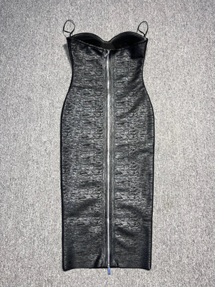 Women Celebrity Sexy Strapless Backless Bronzing Black Midi Summer Bandage Bodycon Dress 2025 Elegant Evening Club Party Outfit