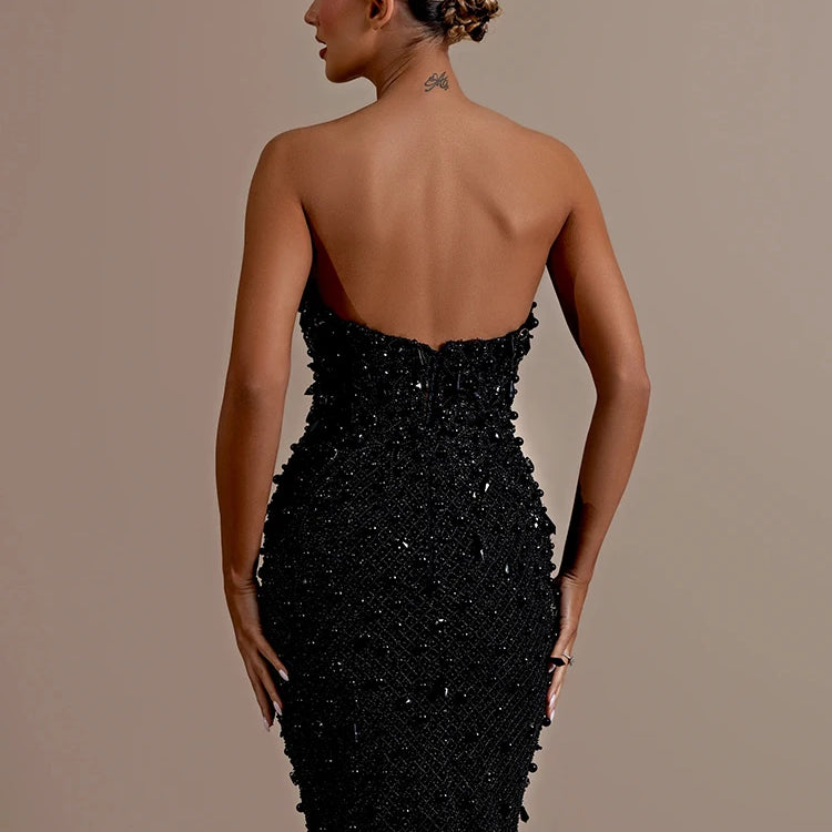 VC Stunning Strapless Sleeveless Black Crystal Sequin Dress Luxury Party Evening Gown