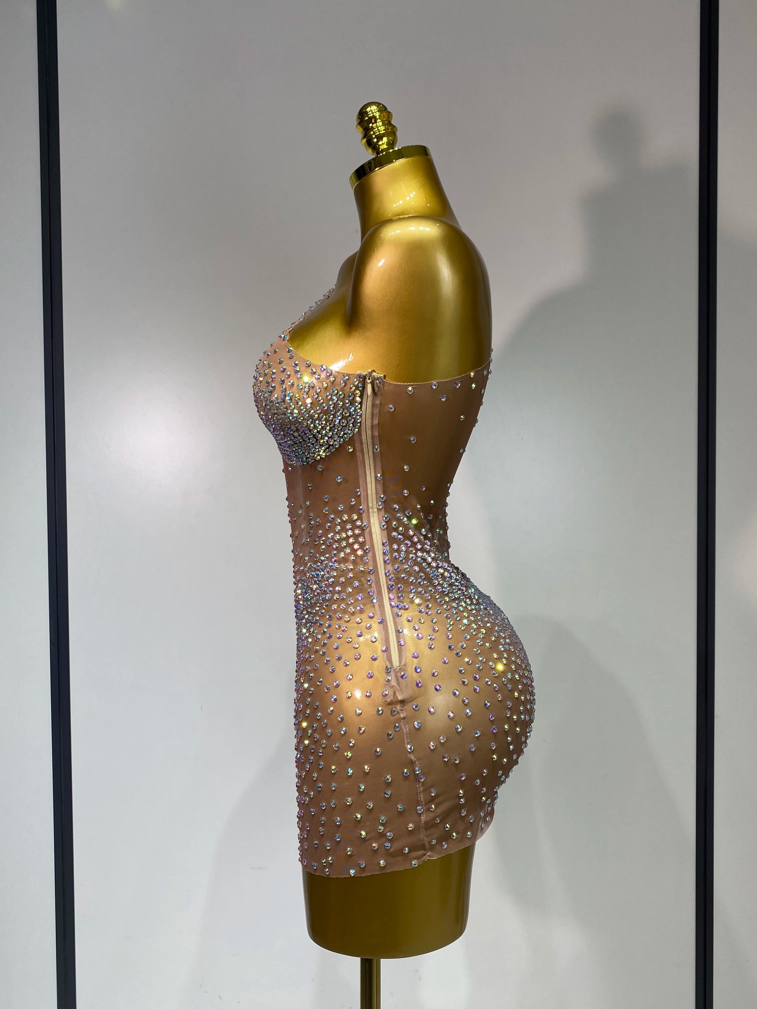 Sparkly Rhinestones Women Sexy One Shoulder Bodycon Mini Dress Mesh See Through Celebrate Nightclub Party Birthday Stage Outfit