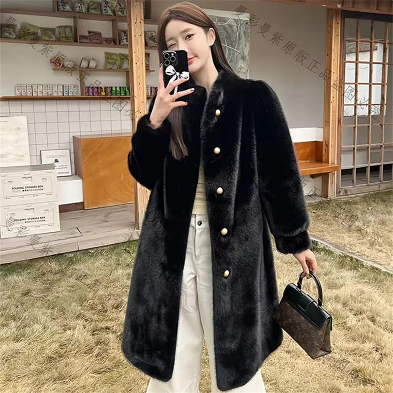 Long Faux Fur Coat for Women, Turn-down Collar, Loose Thicken Warm Teddy Jacket, High Quality Female Clothes, Winter, New, 2024 black