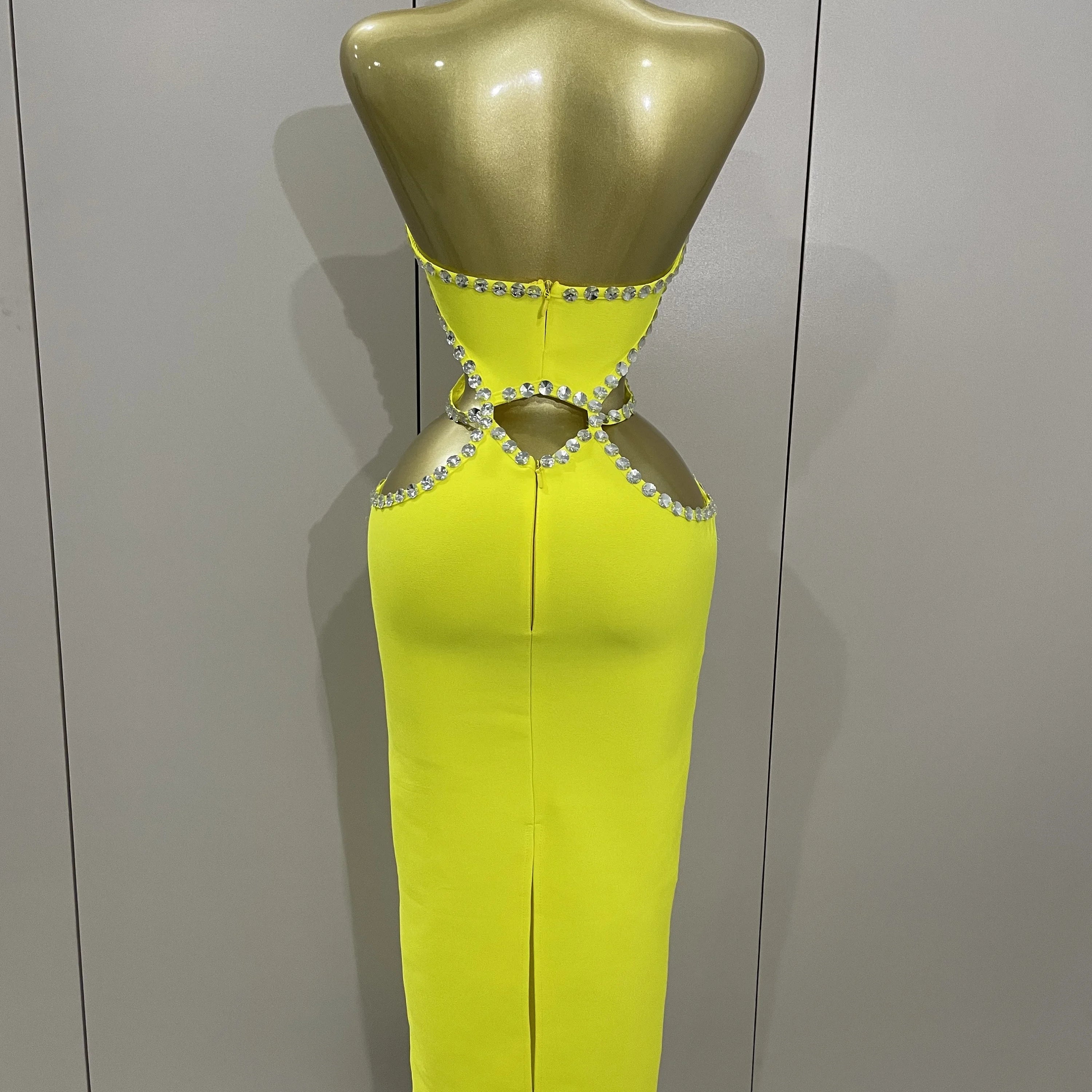 Vestido longo longo, sensual, frente única, com contas, amarelo-limão, 2025, elegante, para festa de aniversário, clube noturno