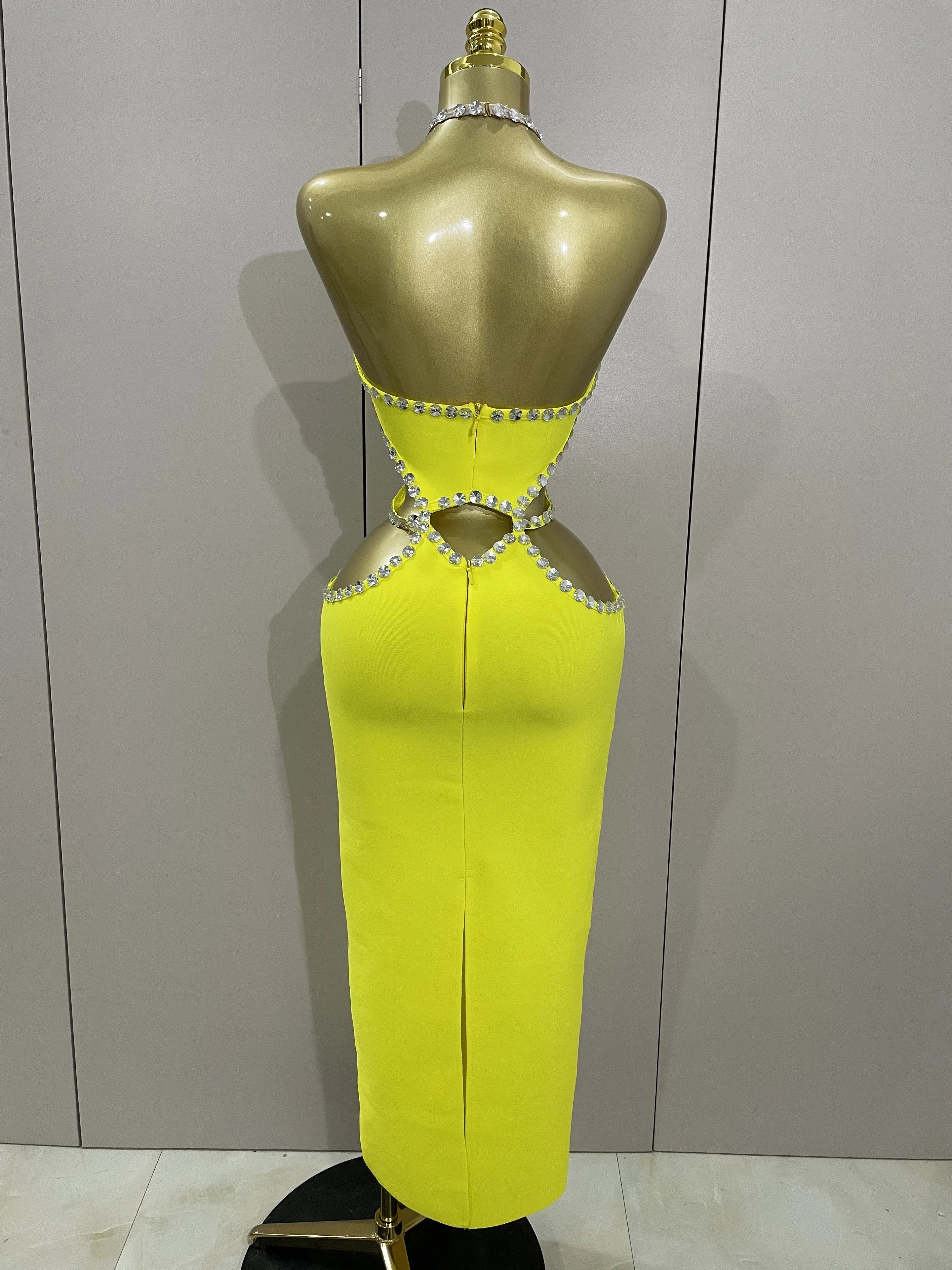 Vestido longo longo, sensual, frente única, com contas, amarelo-limão, 2025, elegante, para festa de aniversário, clube noturno