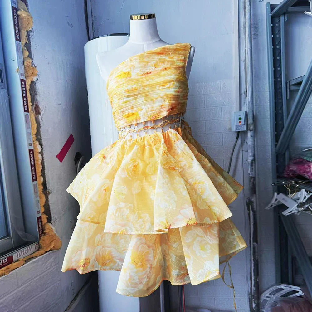 Printing Hollow Out A Line Dress For Women Diagonal Collar Sleeveless High Waist Patchwork Lace Up Dresses Female