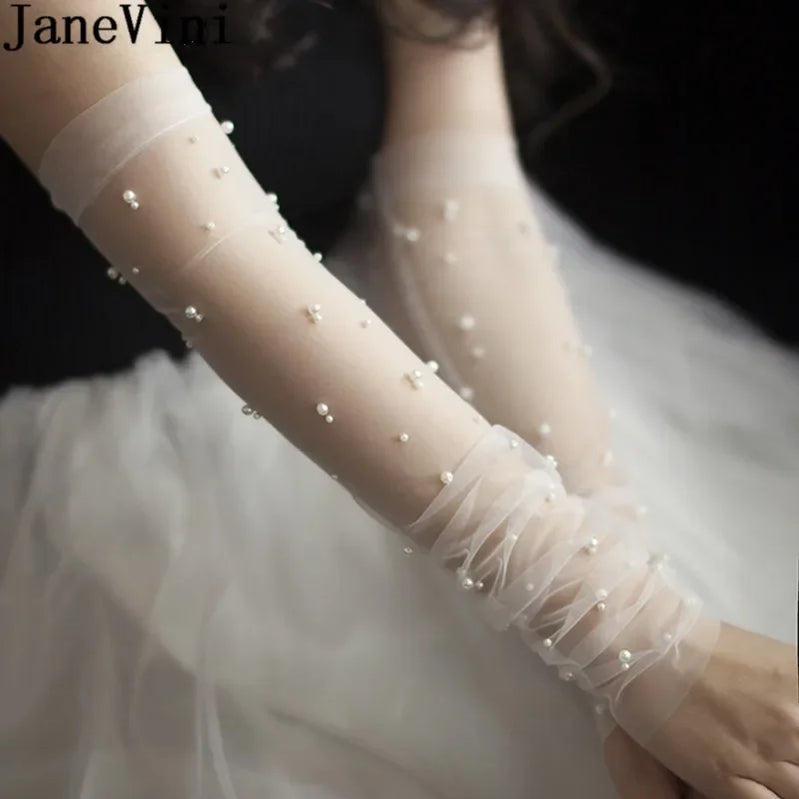 JaneVini 50CM Bridal Sheer Tulle Gloves DIY Long Wedding Gloves for Bride Ivory Pearls Decoration Fingerless Bridal Party Gloves Ivory Fingerless