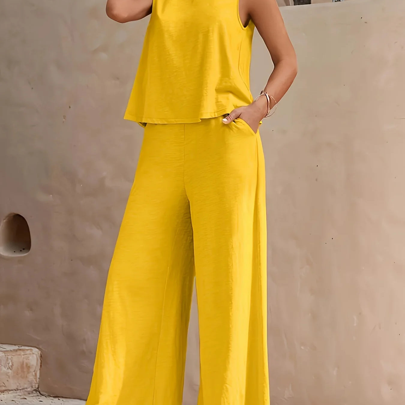 Plus Size 1XL-5XL Women's Fashion Women's Stylish Red Sleeveless Top & Wide-Leg Pants Set Ladies Spring/Summer Casual Wear