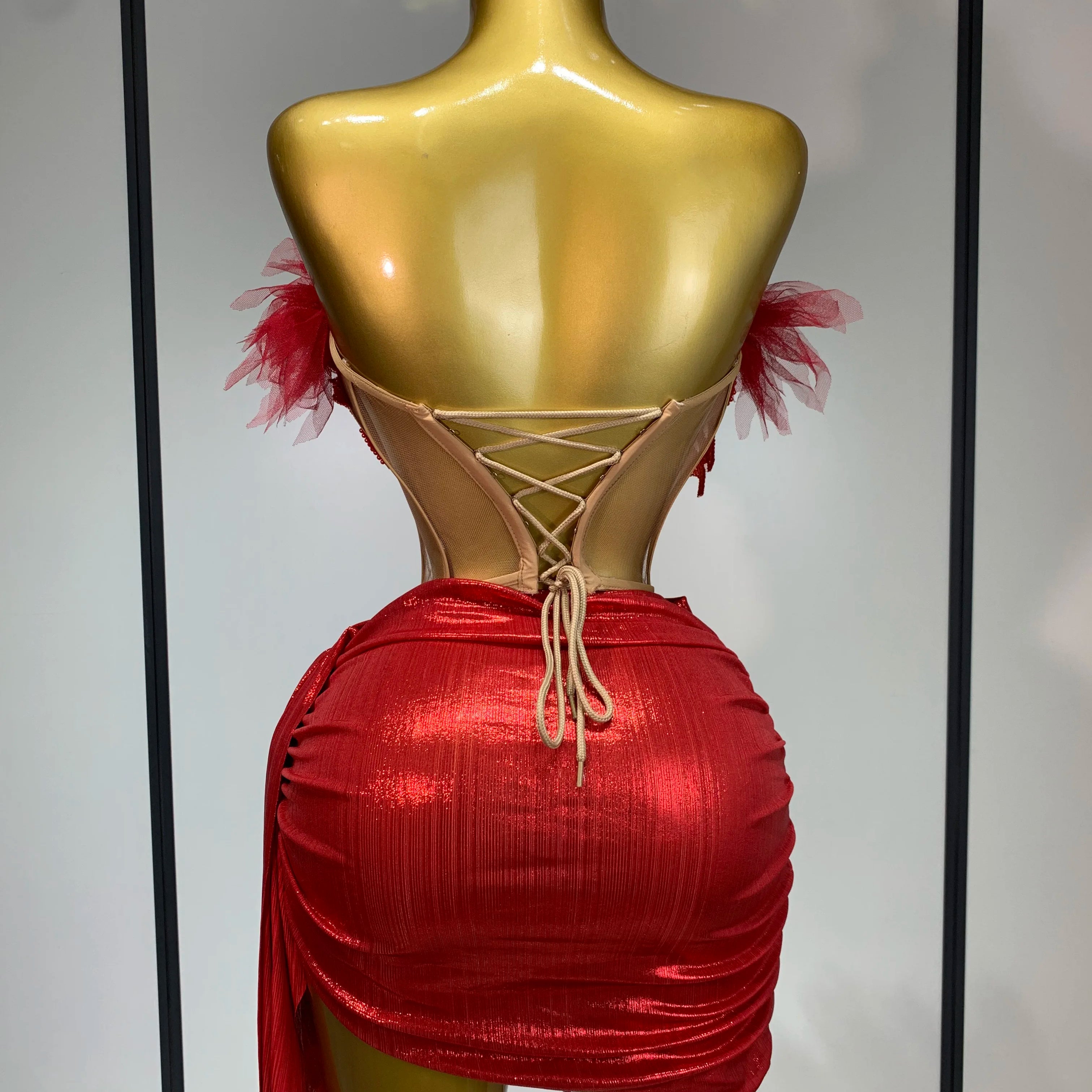 Women Sexy Two Pieces Set Beading Bodycon Mini Dress Nightclub Evening Party Celebrate Birthday Bar Singer Performance Costume