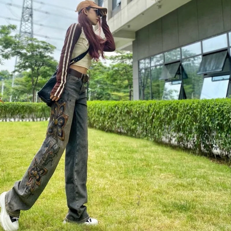 Summer Hollow Lace Jeans Women Panel Diamond Butterfly Feet Slim Fit Embroidered Long Pants Loose Hip Wrap Vintage Stretch 2024