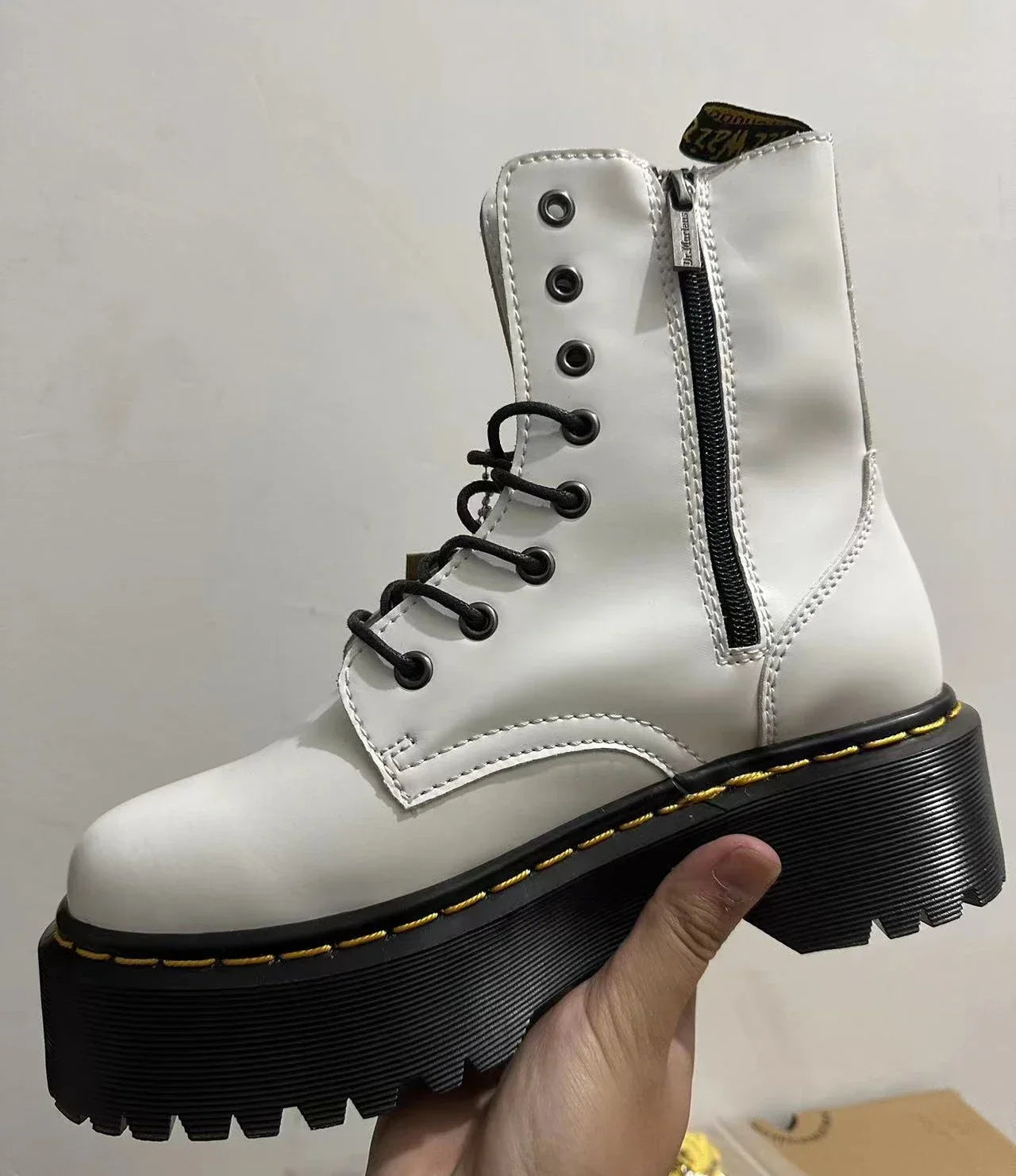 Original Women Platform Boots Leather Men Thick Sole Ankle Sexy Female Punk Motorcycle Shoes Combat Booties Plus Size NEW JADON white
