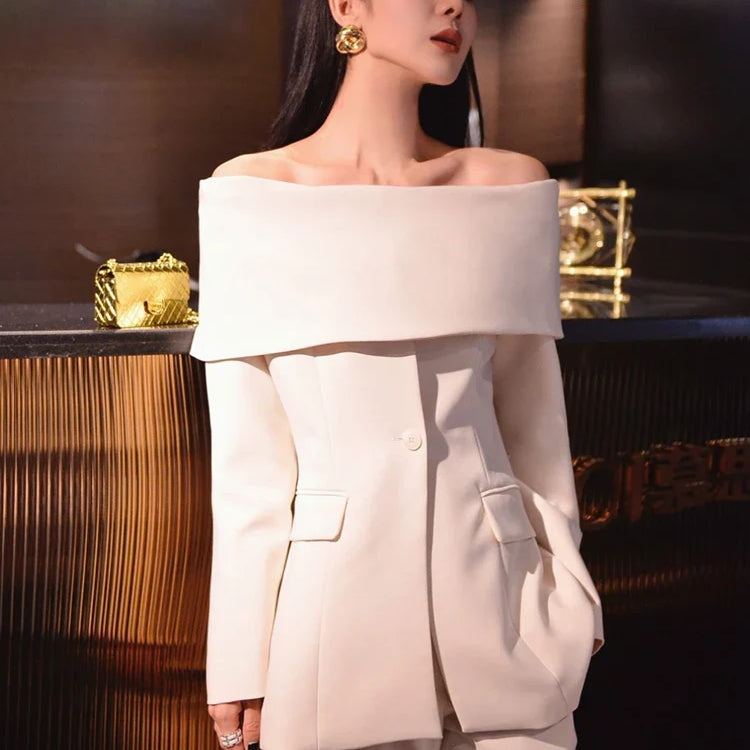TWOTWINSTYLE Slash Neck Chic Blazers For Women Off Shoulder Long Sleeve Patchwork Single Button Solid Coat Female Clothes 2022