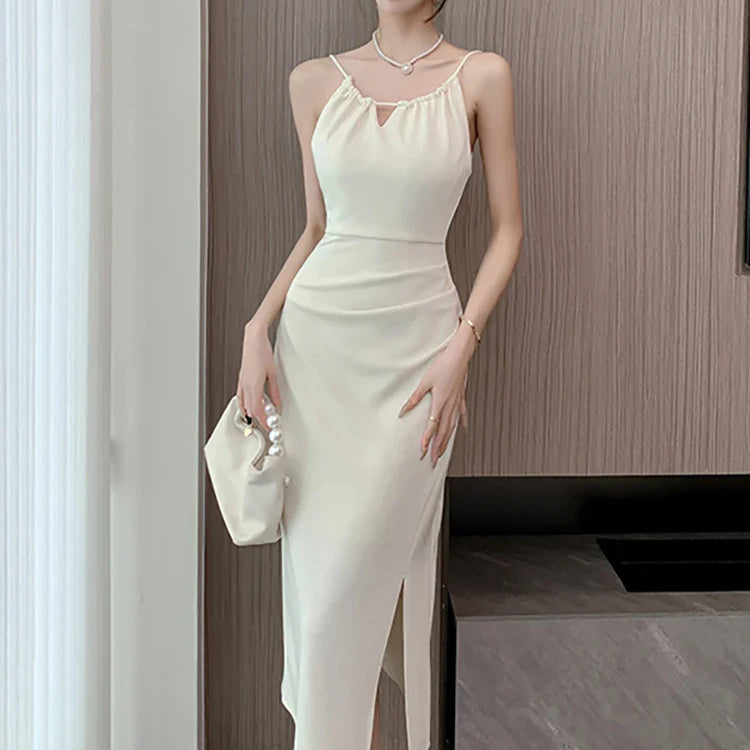 White Hollow Out Sexy Sling Long Dress for Women  Korean Luxury Elegant Party Evening Dress Summer Fashion Bodycon Prom Robe