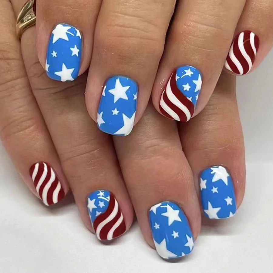 24pcs/set short square fake nails for US Independence Day blue red white star strawberry  with glitter press on false nail tips