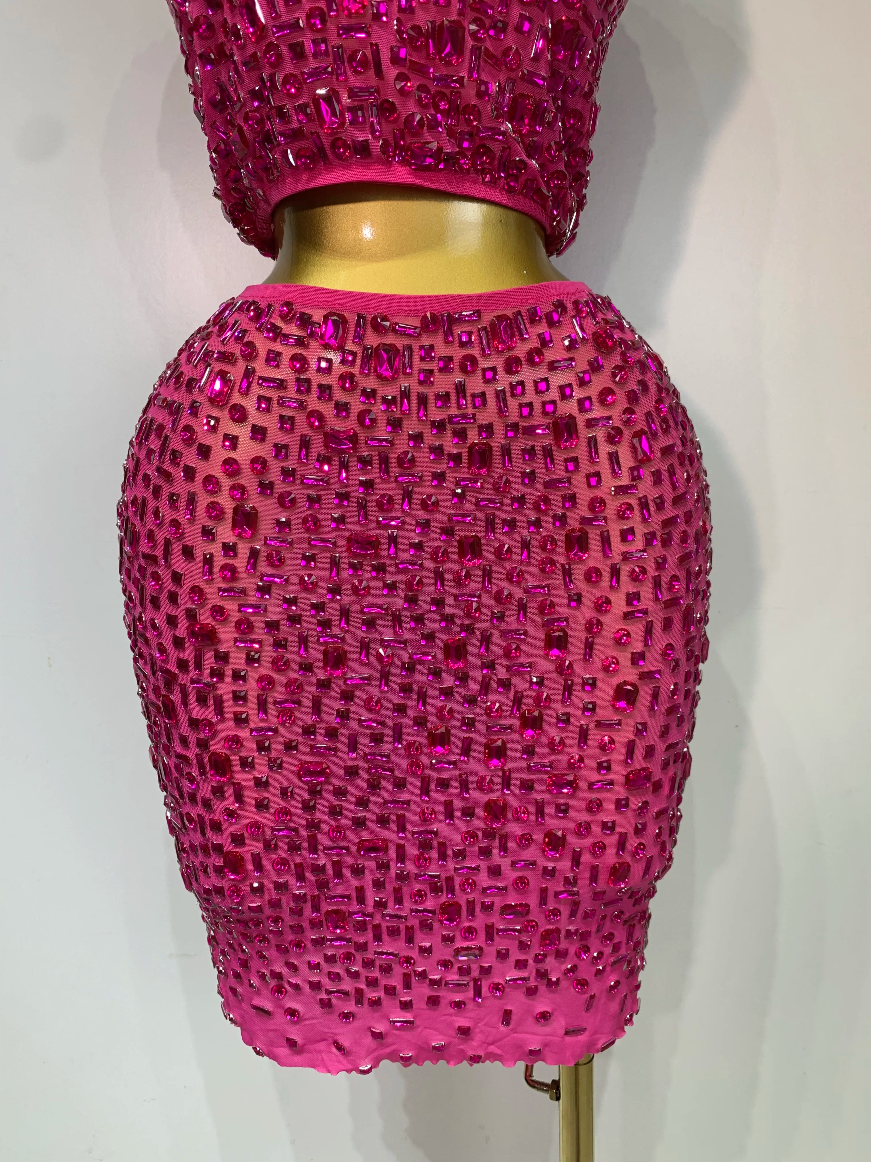 Sexy Sparkly Crystal Diamonds Mesh See Through Two Piece Set Women Elegant Evening Party Costume Singer Stage Performance Outfit