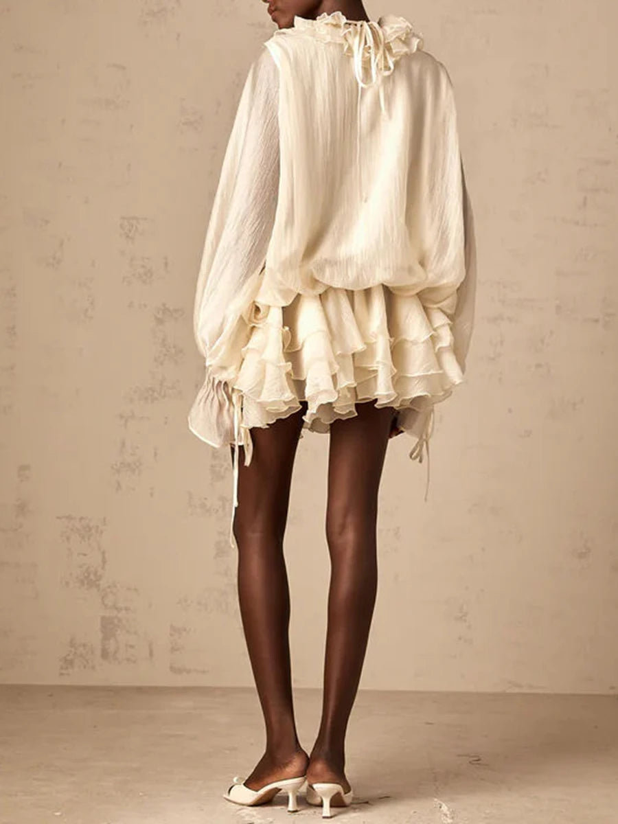 TWOTWINSTYLE Solid Loose Spliced 3D Flowers Dresses for Women V Neck Long Sleeves Patchwork Ruffles Fold Dress Female Clothing