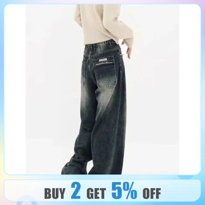 Women's Harajuku Style Loose Wide Leg Jeans Autumn Winter Street Fashion Retro Straight Loose Denim Trousers